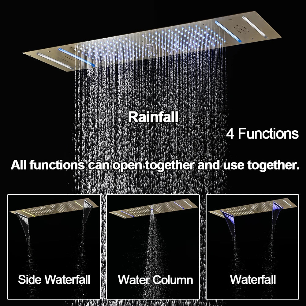 M Boenn 5 Functions Lover Shower Set 35*12 Inch Couple LED Shower Head Rainfall Smart Thermostatic Mixer Faucet Massage Body Jet
