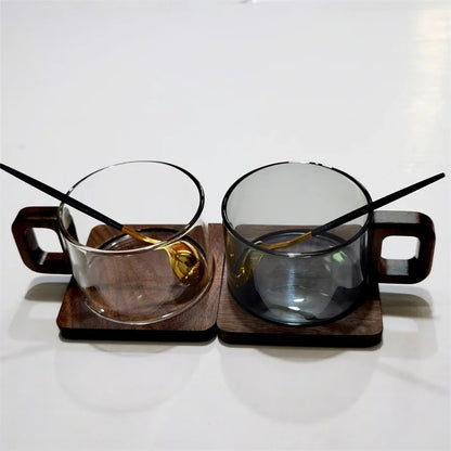 200ml Fresh Ground Latte Glass Coffee Mug With Wooden Tray Spoon Heat-resistant Breakfast Milk Tea Mug American Coffee Cup