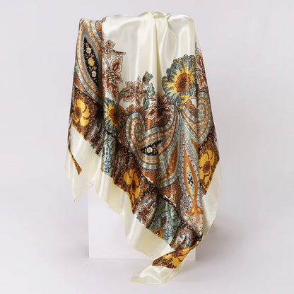 90X90 CM Fashion Print Hair Ribbon Scarf Women Girls Neck Tie Bag Silk Skinny Headscarves Ladies Floral Satin Hair Bandana Wrap