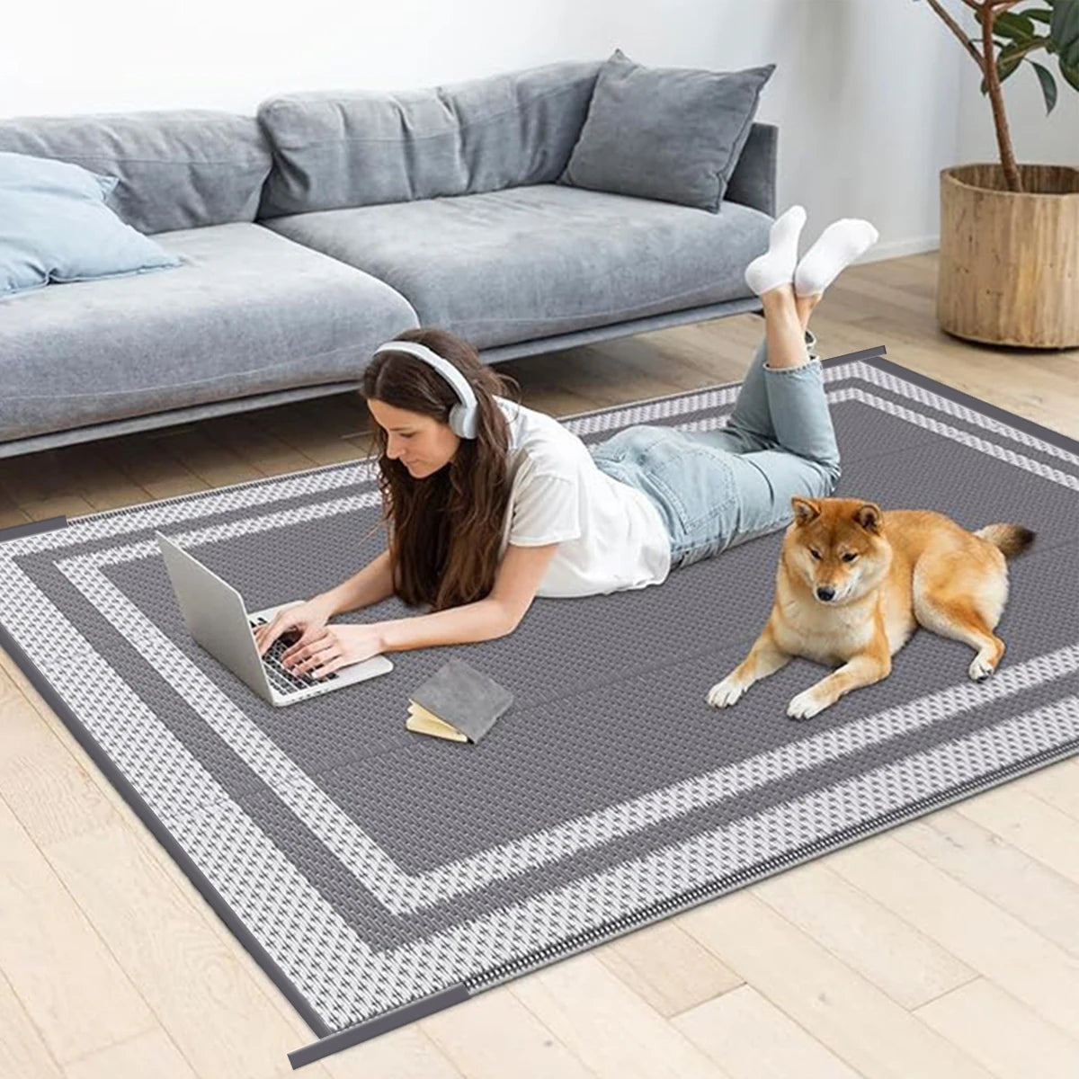 6' x 9' Outdoor Mat with Ground Pegs - Durable PP Material, Gray and White Grid Pattern, Perfect for Patio, Camping and Outdoor
