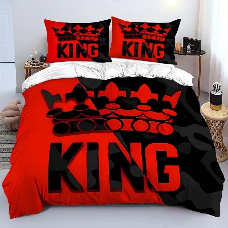 Duvet Cover Set Soft And Comfortable  Gray And Black King Pattern Bedding Set For Bedroom Guest Room And Dorm Decoration