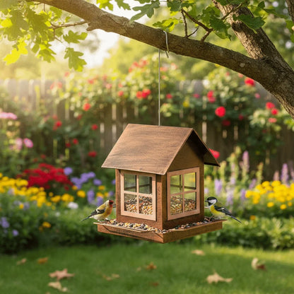 Country Style Hanging Bird Feeder House Shape Large Capacity Bird Food Bowl Windproof Metal Parrot Feeding Station Porch