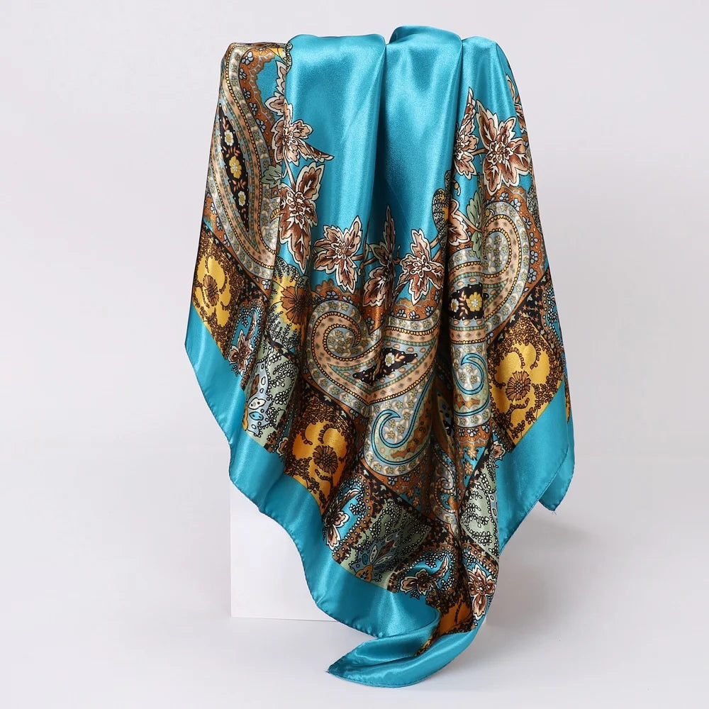 90X90 CM Fashion Print Hair Ribbon Scarf Women Girls Neck Tie Bag Silk Skinny Headscarves Ladies Floral Satin Hair Bandana Wrap