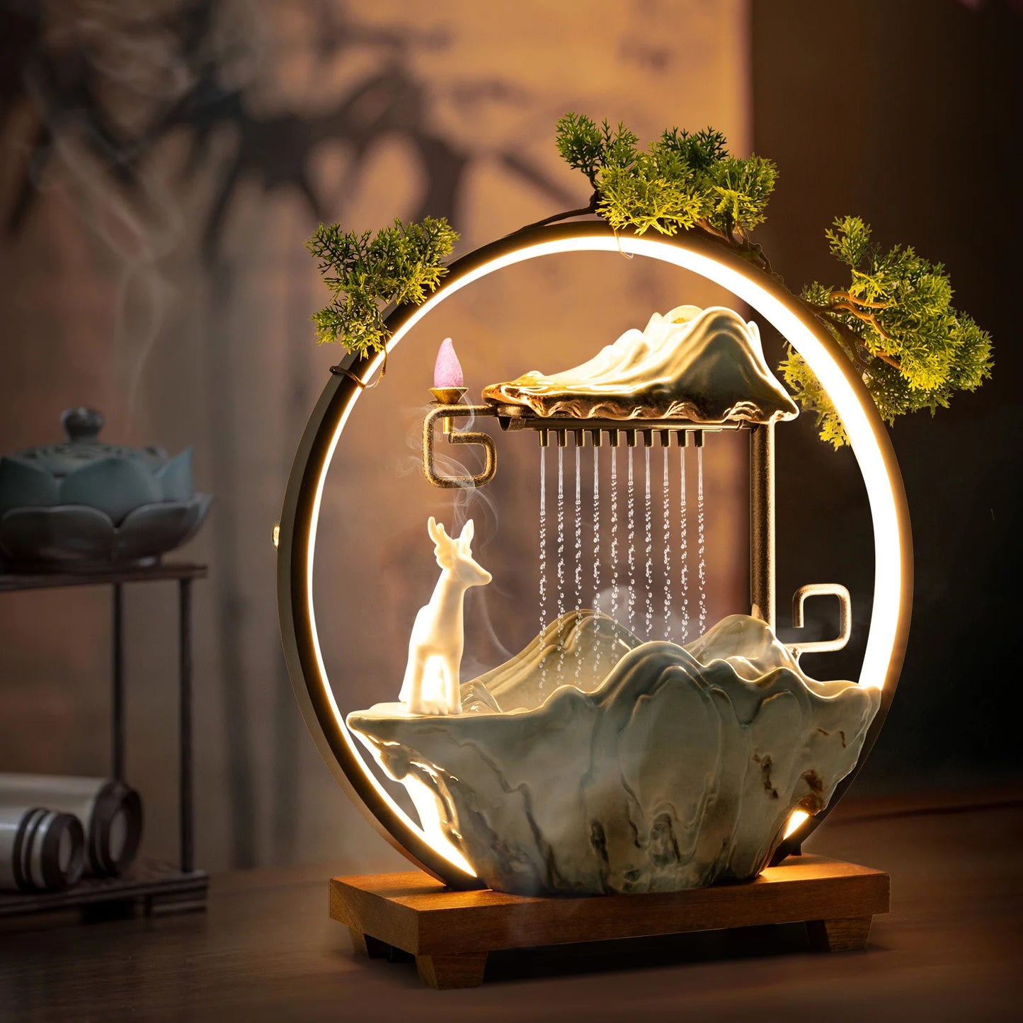 Indoor LED Waterfall Fountain W/ Mist Maker & Warm Light - Home/Yoga Tabletop Zen Water Feature (Deer Motif - Good Luck Symbol)