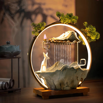 Indoor LED Waterfall Fountain W/ Mist Maker & Warm Light - Home/Yoga Tabletop Zen Water Feature (Deer Motif - Good Luck Symbol)