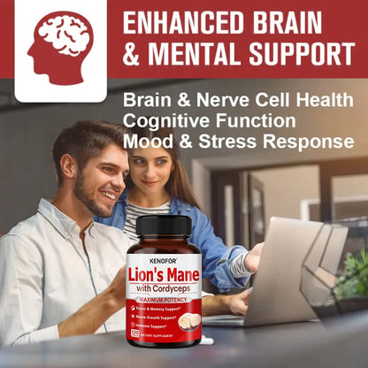 Lion's Mane - Supplement Capsules for Brain Health, Support for Focus, Memory Function - Immune & Nervous System Supplement