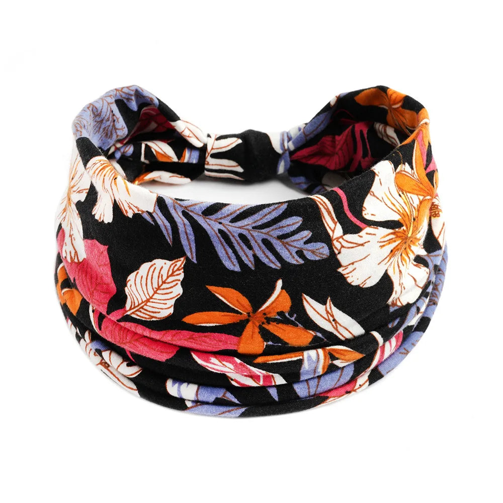 Boho Headbands Wide Knot Hair Scarf Floral Print Hairband Stretch Turban Headwrap Cotton Head Band Fashion Accessories for Women