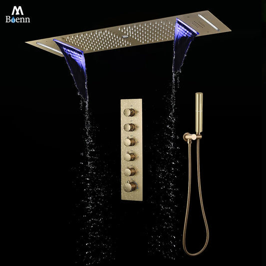 M Boenn 5 Functions Lover Shower Set 35*12 Inch Couple LED Shower Head Rainfall Smart Thermostatic Mixer Faucet Massage Body Jet