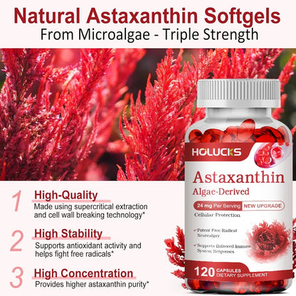 Premium Natural Astaxanthin Supplement, Support Blood Flow, Reduces Oxidative Stress & Healthy Cholesterol, Overall Vitality