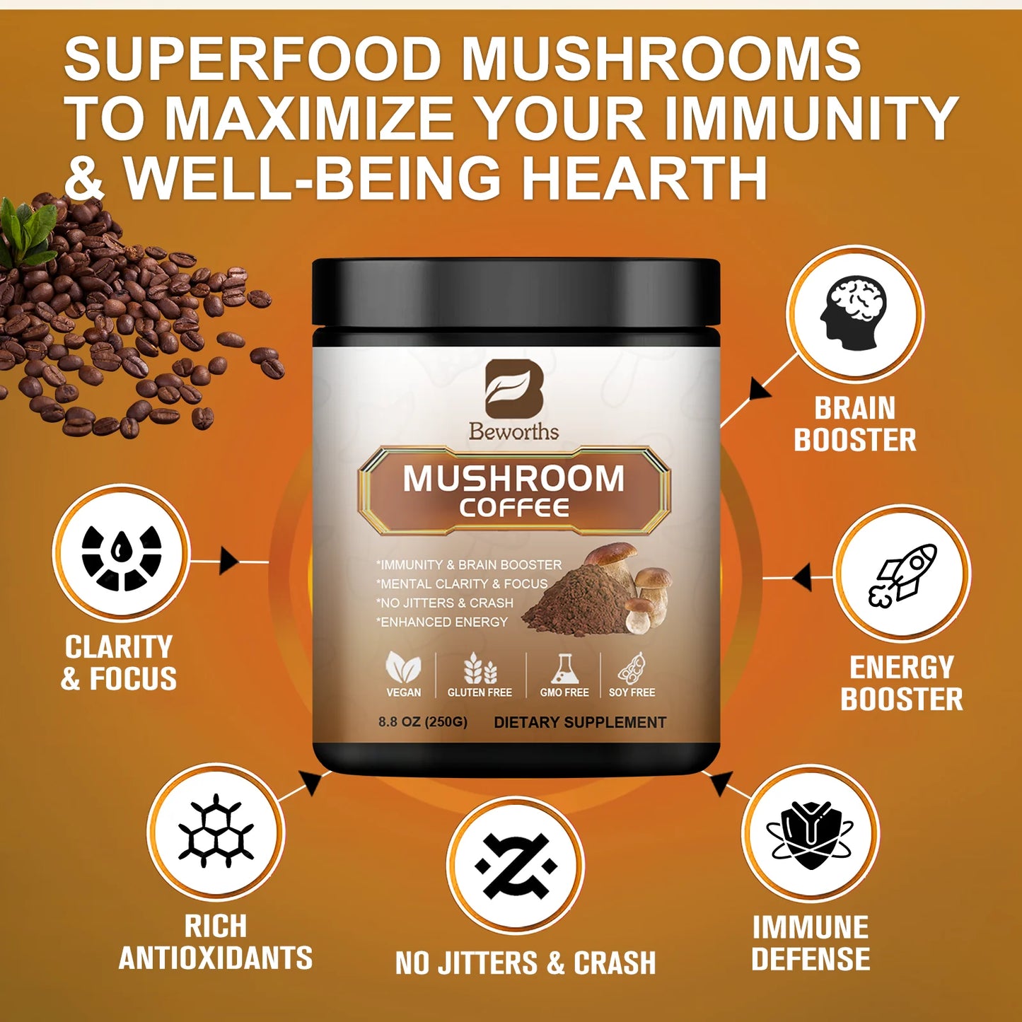 BEWORTHS Mushroom Coffee Supplement Ganoderma Lucidum Cordyceps Sinensis Energy Support Mental Clarity Brain Booster Antioxidant