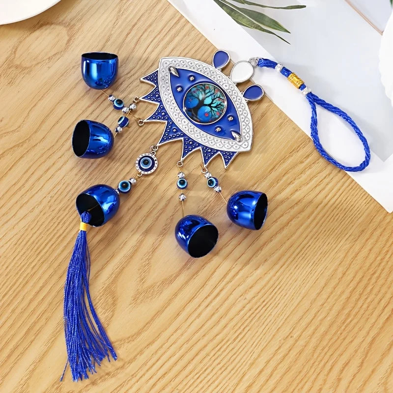 Wind Chime Retro Pendant Devil's Eye Bell Wind Chime Blue Eyes Tassel Metal European and American Decorative Hanging Ornament Ethnic Wind Chime Window Outdoor Balcony Home Decoration