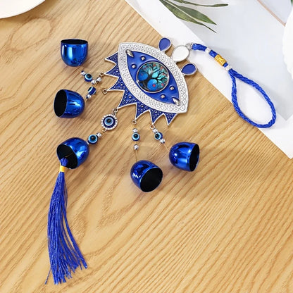 Wind Chime Retro Pendant Devil's Eye Bell Wind Chime Blue Eyes Tassel Metal European and American Decorative Hanging Ornament Ethnic Wind Chime Window Outdoor Balcony Home Decoration