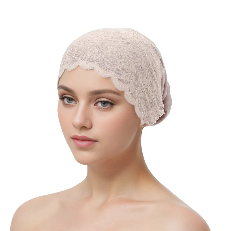 Fashion Women Tie Straps Lace Turban Hat Muslim Under Scarf Hijab Cap Islamic Female Head Wraps Lady Hair Loss Beanie Bonnet
