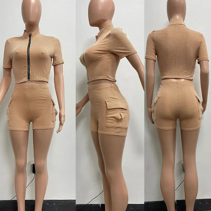 Sporty Fitness Tracksuit Women Two Piece Set Summer Knitted Ribbed Zipper Crop Top and Shorts Casual Workout Gym Yoga Sets
