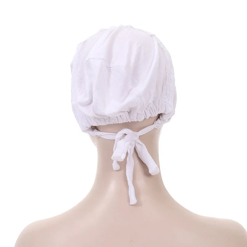 Fashion Women Tie Straps Lace Turban Hat Muslim Under Scarf Hijab Cap Islamic Female Head Wraps Lady Hair Loss Beanie Bonnet