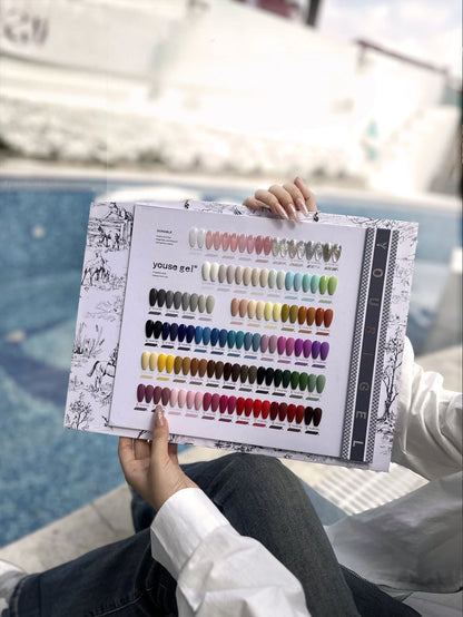 Nail salon gel polish kit, 60 colors of gel polish, 3 nail files, nail cutter oil, and a color chart for display.