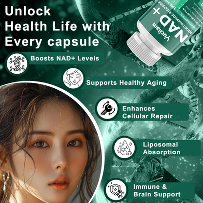 NAD+ Resveratrol Supplement - Anti-Aging, Energy Boost, Cell Repair, Skin Health, Brain Cognition - Provides Sustained Vitality