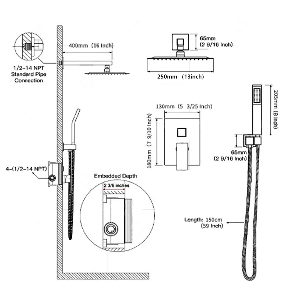 Chrome Shower Faucet Set Rainfall 12 Inch Concealed Shower System Wall Mounted Rainfall Bathroom Shower Tap With Handshower Set