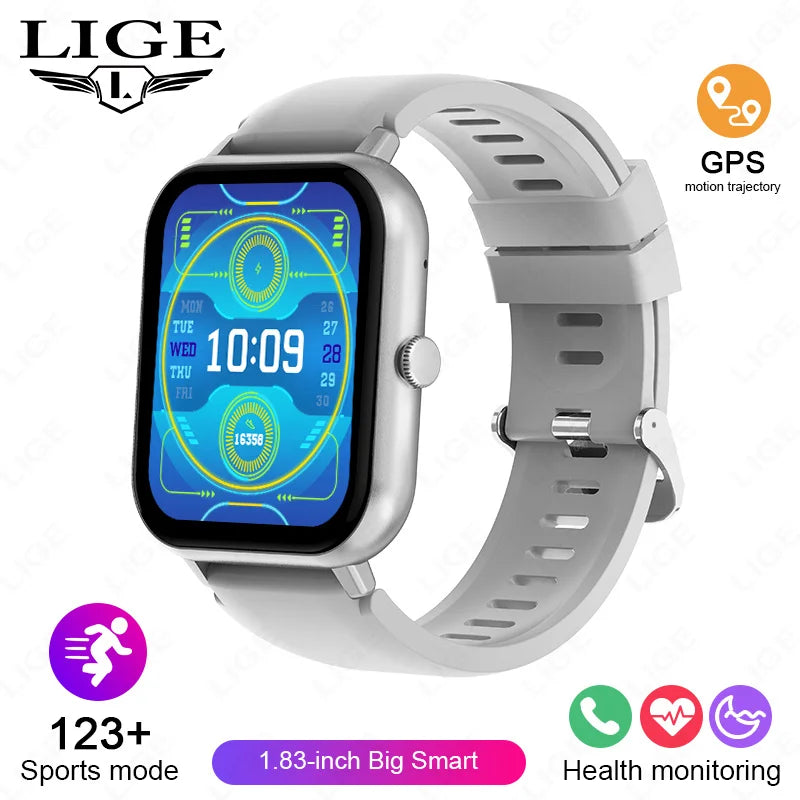 LIGE Sleep Monitoring Smart Watch 1.83” HD Screen Bluetooth Call Pedometer IP67 Waterproof 100+ Sports Modes Smartwatch Men Lady