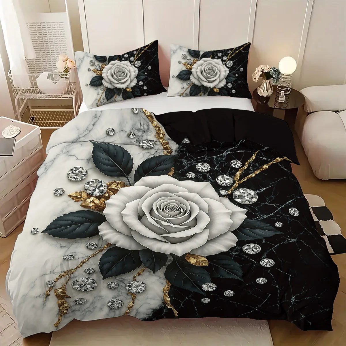 3pcs rose pattern bedding set, for women and adult's bedroom, 1*quilt cover+2*pillowcase, for single, queen bed