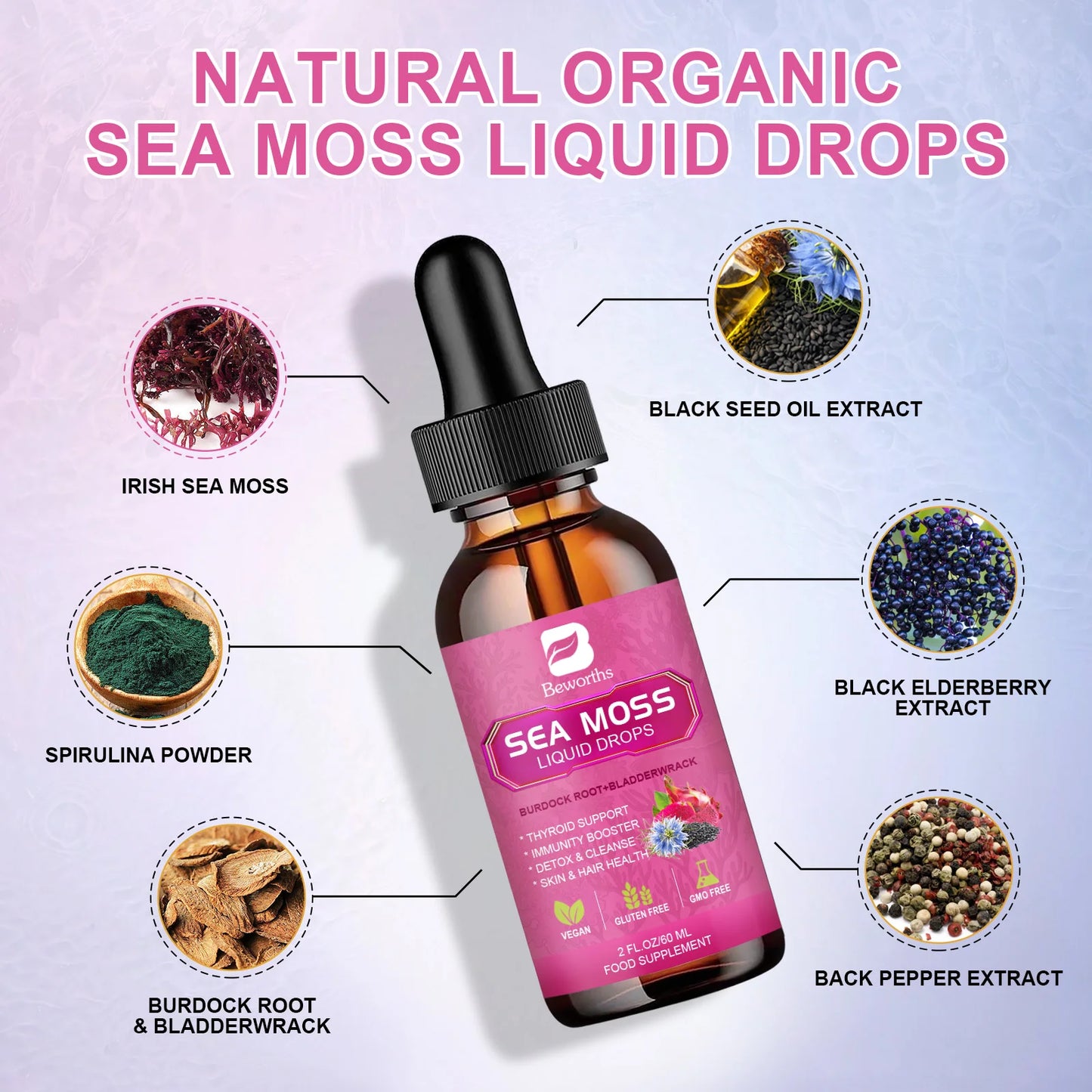 3000MG Seamoss Liquid Drop Organic Black Seed Oil & Burdock Root