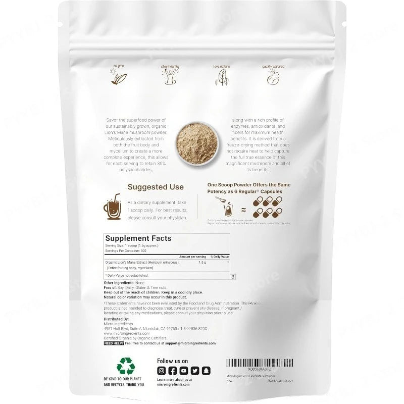 Organic Lion’s Mane Mushroom Powder Supports Brain Focus Energy and Immune Health Great for Smoothies & Coffee 454g Per Bag
