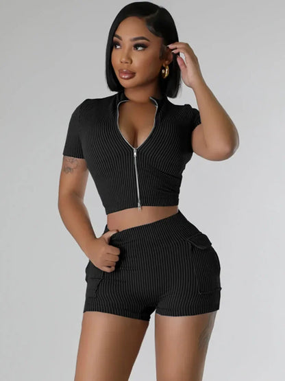 Sporty Fitness Tracksuit Women Two Piece Set Summer Knitted Ribbed Zipper Crop Top and Shorts Casual Workout Gym Yoga Sets