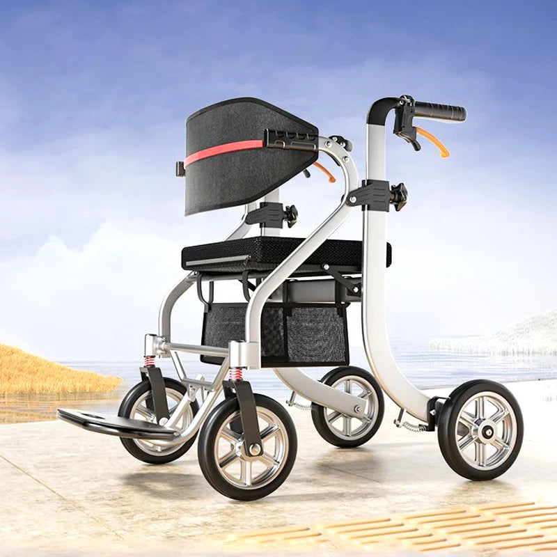 Outdoor Aluminum Alloy Elderly Driving Aid Fracture Stacked Walker For Disabled Multi-functional Four-wheel Shopping Cart