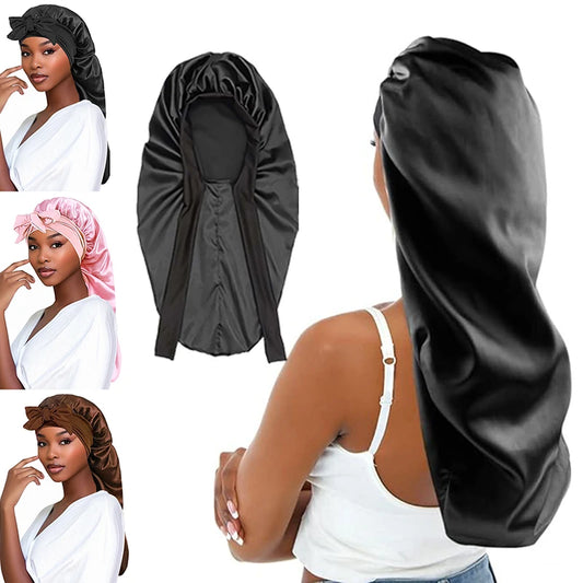 Long Satin Bonnet Solid Color Extra Large Sleep Cap With Long Tie Hair Bonnet For Black Women Hair Care Cap For All Hair Types