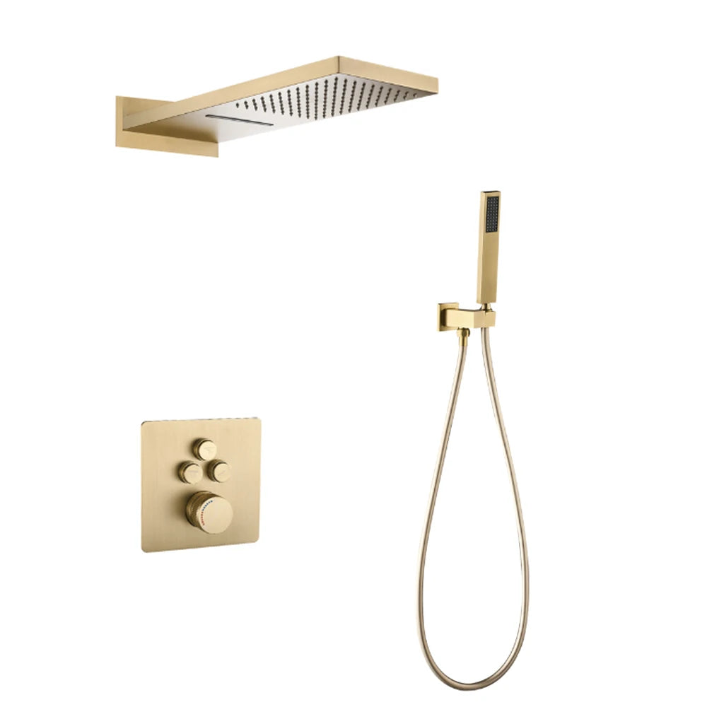 Gray Hidden Shower System Bathroom Full Copper Shower Faucet Set Waterfall Embedded Shower Tap Rainfall Concealed Mixer Crane