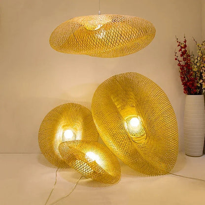 Chinese Zen Inspired Handmade Retro Bamboo Woven LED Pendant Light Living Room Lighting Decoration Rattan Woven Light