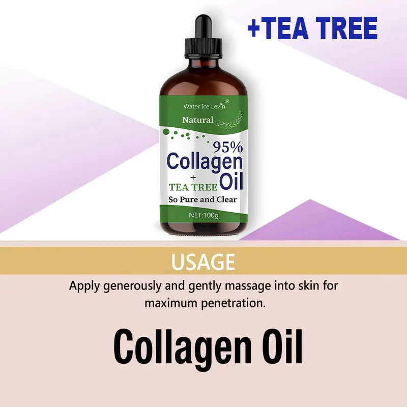 Tea Tree Collagen Oil 95% Pure Collagen Infusion. Smoothes and Nourishes the Skin. Lightweight, Non-Greasy Feel. 100g Clear Formula.