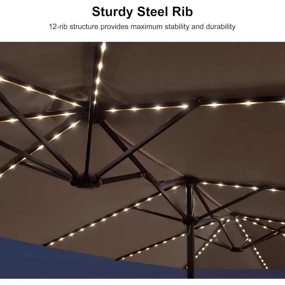 Solar LED Patio Umbrella with Crank, Double-Sided Rectangle Base for Outdoor and Pool Use