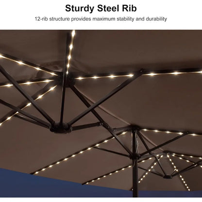 Solar LED Patio Umbrella with Crank, Double-Sided Rectangle Base for Outdoor and Pool Use