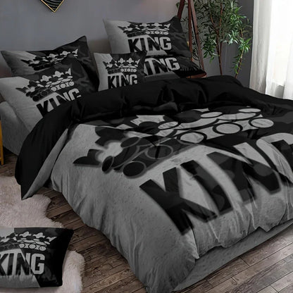 Duvet Cover Set Soft And Comfortable  Gray And Black King Pattern Bedding Set For Bedroom Guest Room And Dorm Decoration