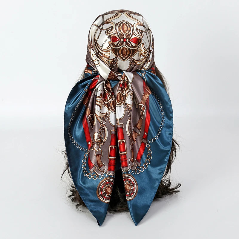 Handkerchiefs Hair Silk Scarf 90*90cm Print Satin Big Square Silk Scarves Shawls for Women Luxury Brand Designer Hijab Headband