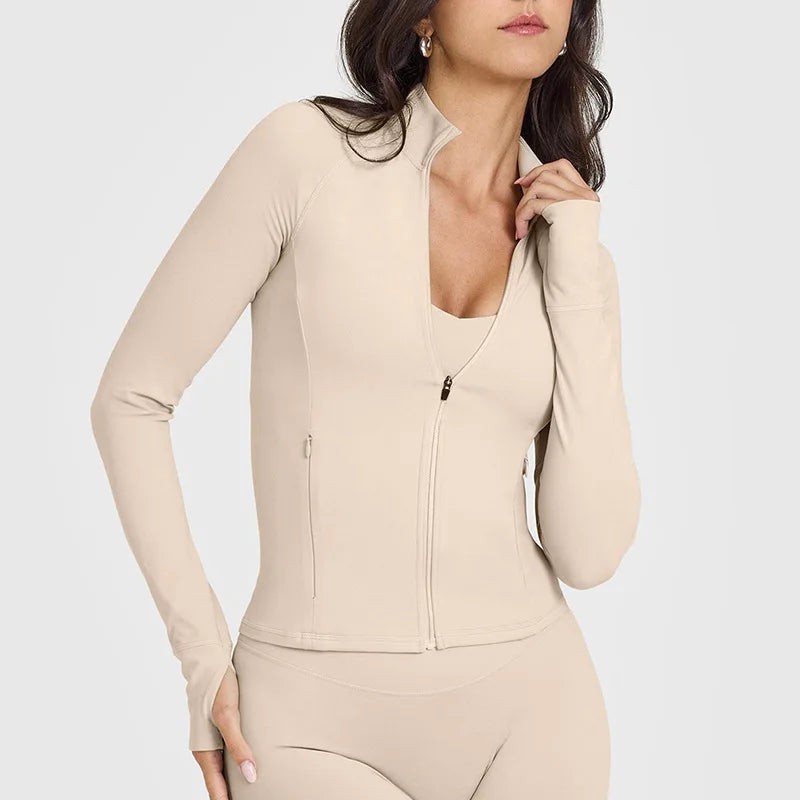 Fitness yoga sports jacket for women stand-up collar zipper sports top breathable quick dry long sleeve gym exercise clothing