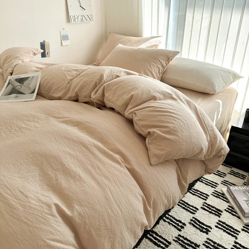 Bed Linen Solid Cotton Bedding Set with Sheet Duvet Cover Pillowcases Single Couple Bedsheet King Queen Double Twin Size
