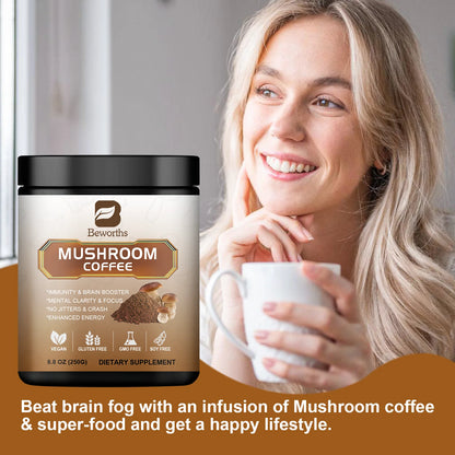 BEWORTHS Mushroom Coffee Supplement Ganoderma Lucidum Cordyceps Sinensis Energy Support Mental Clarity Brain Booster Antioxidant