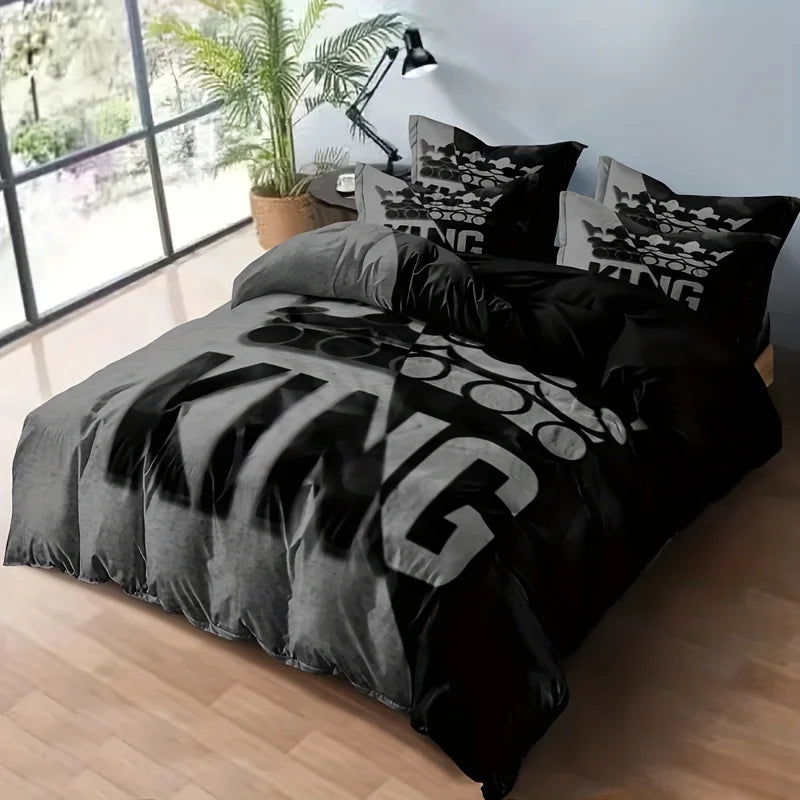 Duvet Cover Set Soft And Comfortable  Gray And Black King Pattern Bedding Set For Bedroom Guest Room And Dorm Decoration