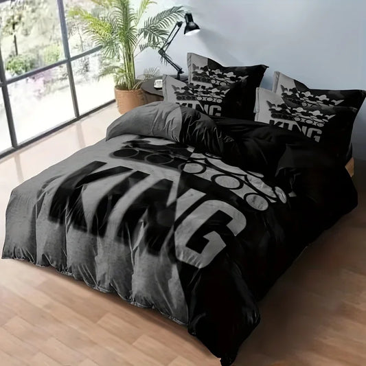 Duvet Cover Set Soft And Comfortable  Gray And Black King Pattern Bedding Set For Bedroom Guest Room And Dorm Decoration