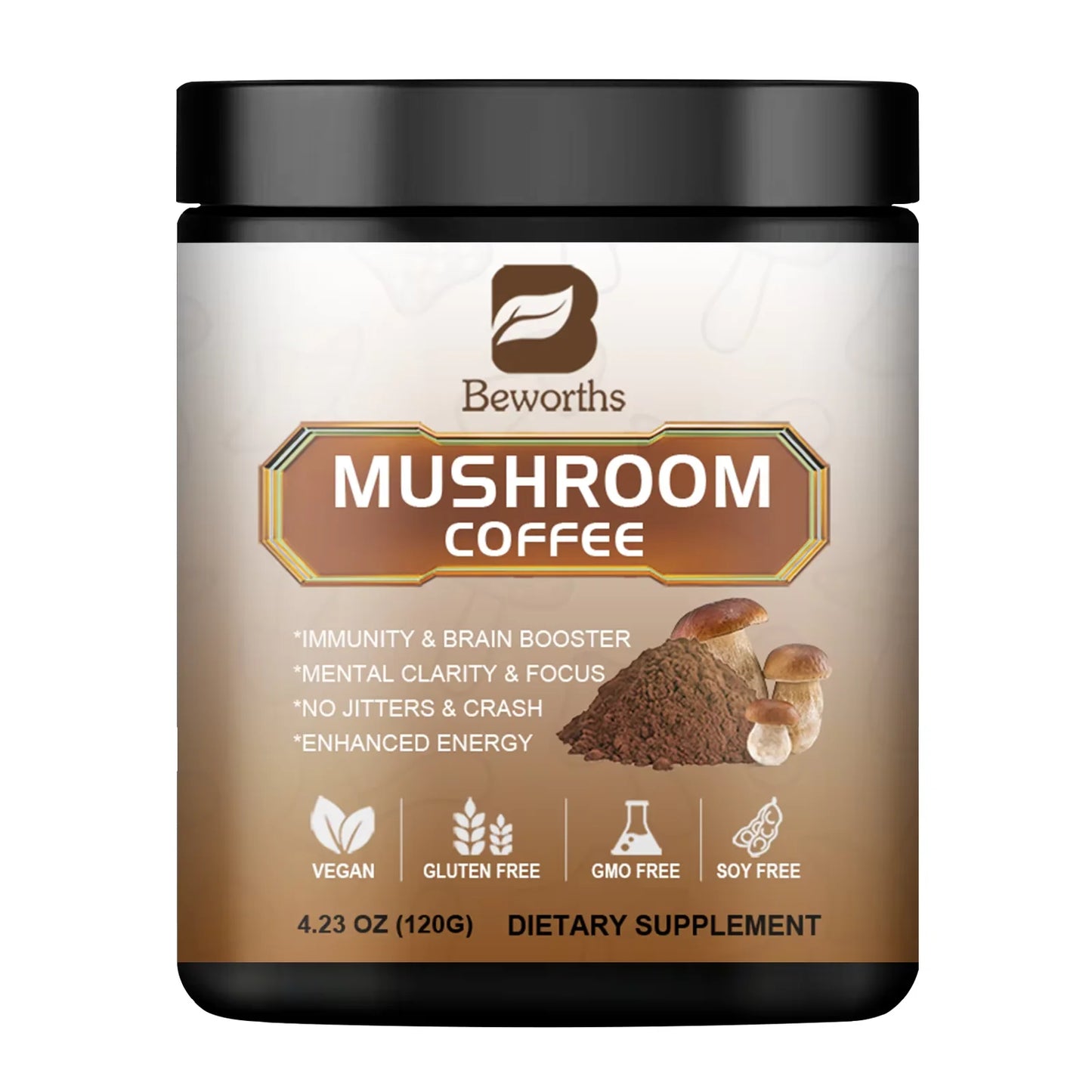 BEWORTHS Mushroom Coffee Supplement Ganoderma Lucidum Cordyceps Sinensis Energy Support Mental Clarity Brain Booster Antioxidant