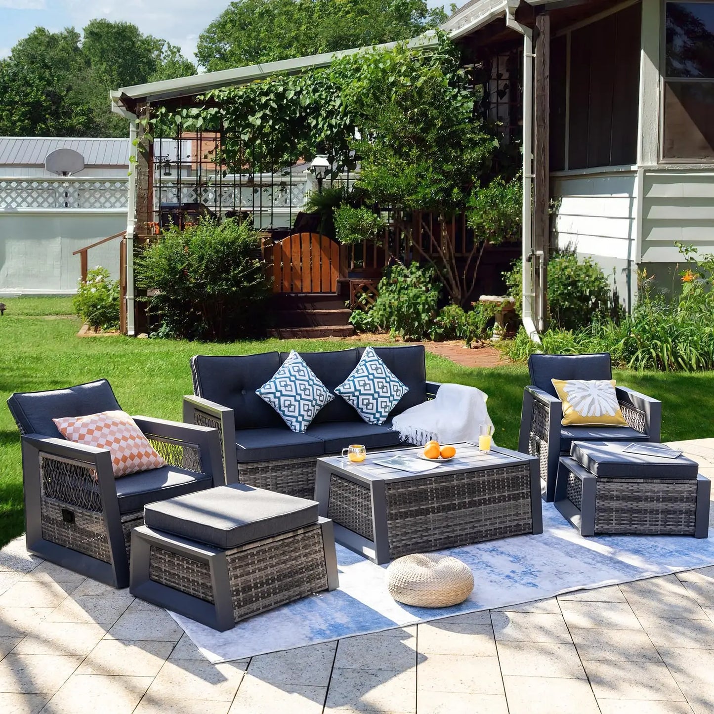 Aluminum Patio Furniture Modern Outdoor Sofa Rattan Garden Sofa with Storage Coffee Table (Grey)