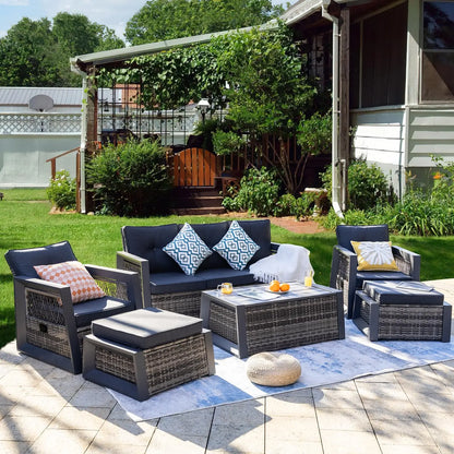 Aluminum Patio Furniture Modern Outdoor Sofa Rattan Garden Sofa with Storage Coffee Table (Grey)