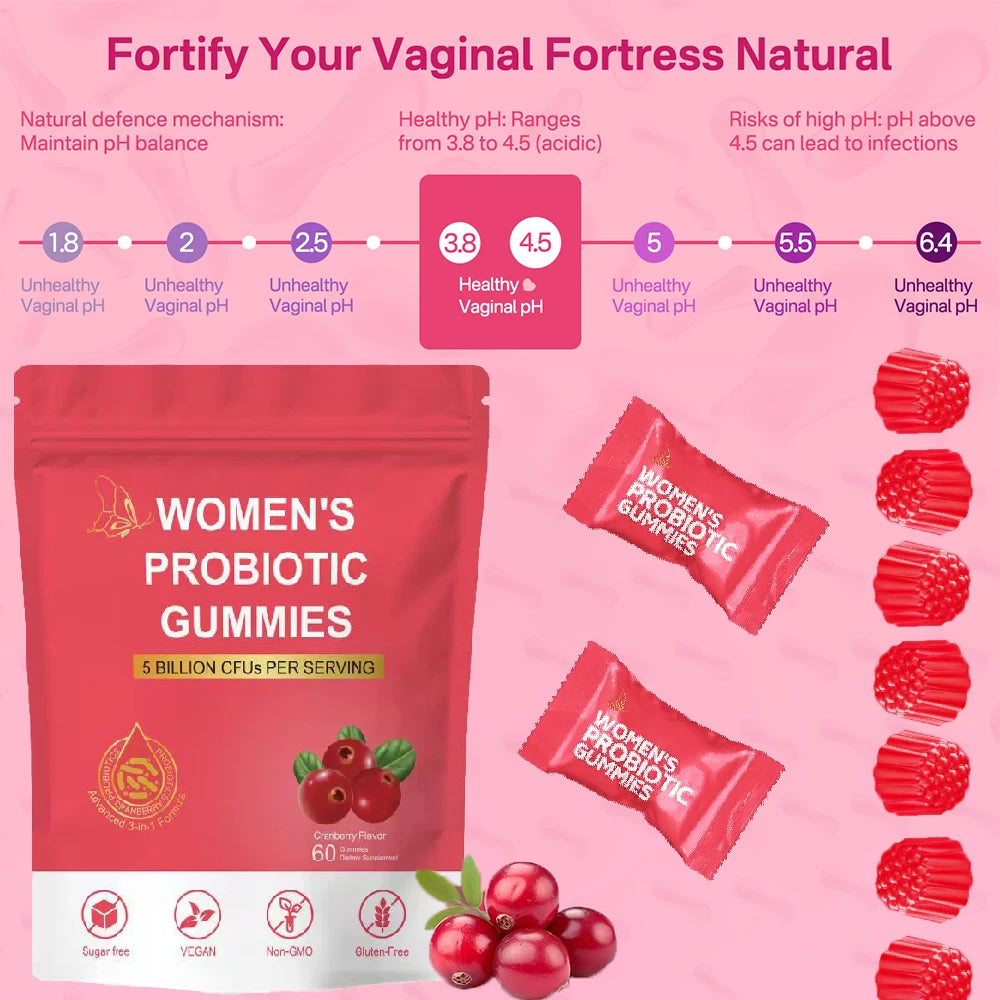 Women's Probiotic Gummies - Feminine Vaginal Probiotic Yeast pH Balance Gummies, Cranberry Probiotics for Women Vaginigal Health