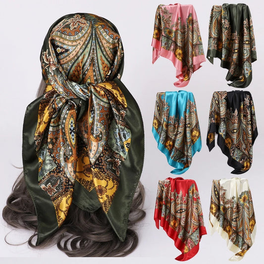 90X90 CM Fashion Print Hair Ribbon Scarf Women Girls Neck Tie Bag Silk Skinny Headscarves Ladies Floral Satin Hair Bandana Wrap