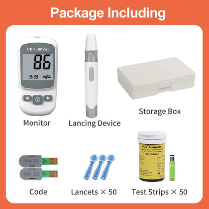 Glucose Monitoring Kit for Dogs & Cats, Pet Blood Sugar Monitor with Pain-Free & Easy Shuttle, No-Coding Kits with 50 Strips