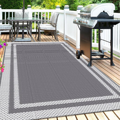 6' x 9' Outdoor Mat with Ground Pegs - Durable PP Material, Gray and White Grid Pattern, Perfect for Patio, Camping and Outdoor