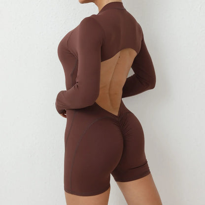 Hollow Scrunch Sport Short Jumpsuits Unitard Gym Women Romper Long Sleeve Zipper Fitness Yoga Overalls Open Back Black Monkeys