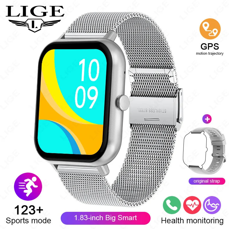 LIGE Sleep Monitoring Smart Watch 1.83” HD Screen Bluetooth Call Pedometer IP67 Waterproof 100+ Sports Modes Smartwatch Men Lady